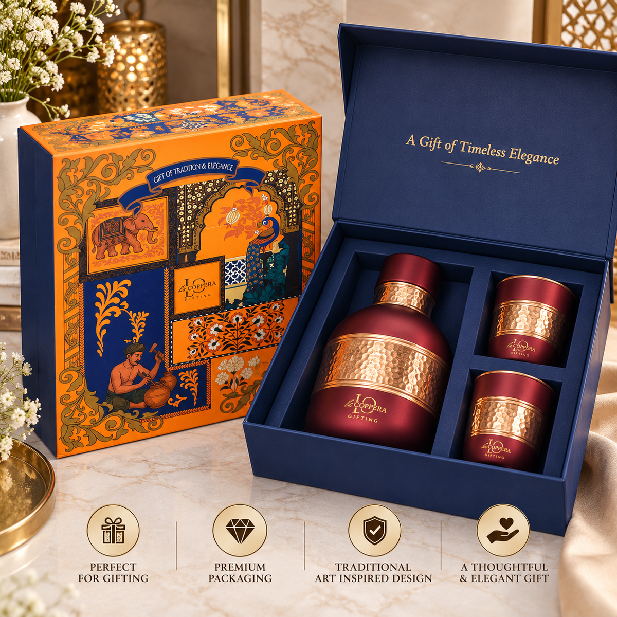 Amritloom Coco Copper Carafe Set with 2 Glasses | Premium Gift Box