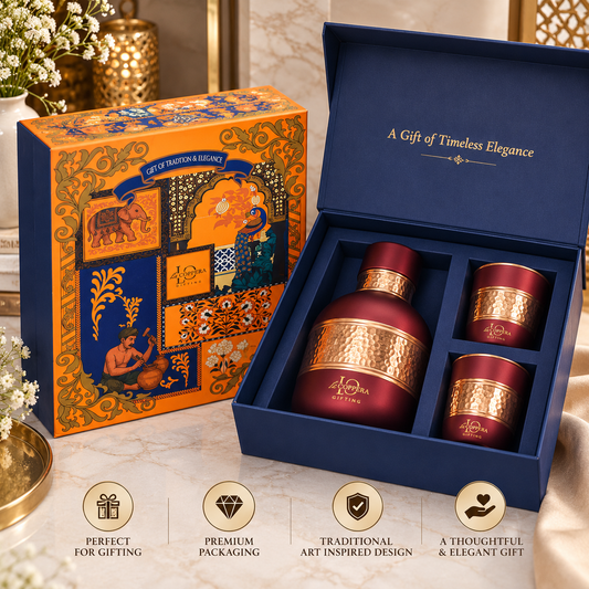 Amritloom Coco Copper Carafe Set with 2 Glasses | Premium Gift Box
