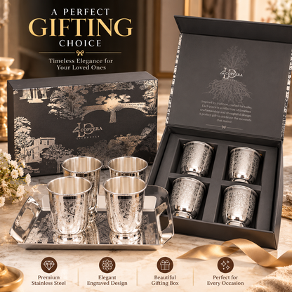 Nexa Silver Plated Stainless Steel Glass Set of 5 with Serving Tray | LA COPPERA