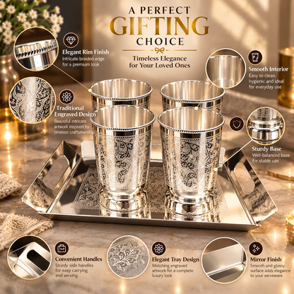 Nexa Silver Plated Stainless Steel Glass Set of 5 with Serving Tray | LA COPPERA