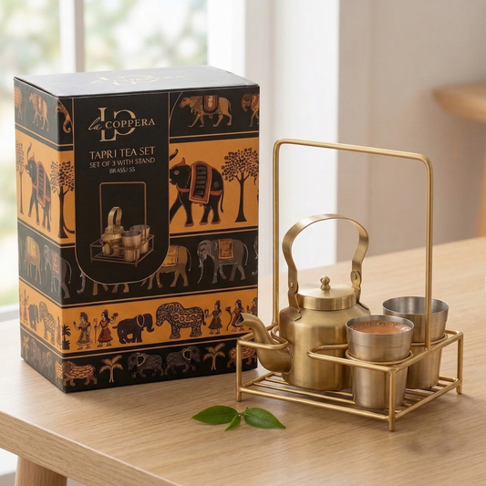 Brass Tapri Tea Set (Set of 3 with Stand) | Cutting Chai Kettle & Glass Set