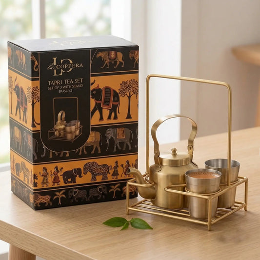 Brass Tapri Tea Set (Set of 3 with Stand) | Cutting Chai Kettle & Glass Set