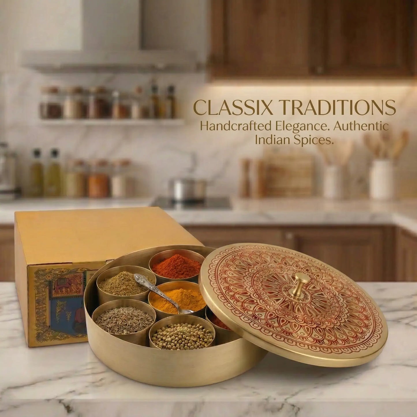 Masala Box Etched – Brass Spice Storage Box with Lid