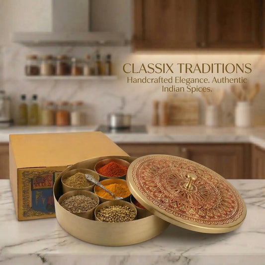 Masala Box Etched – Brass Spice Storage Box with Lid