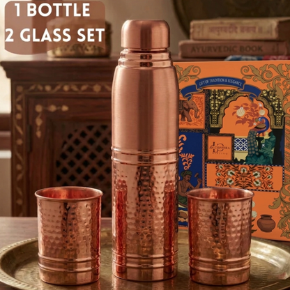 Ayursip Hammer Copper Bottle Set with 2 Glasses
