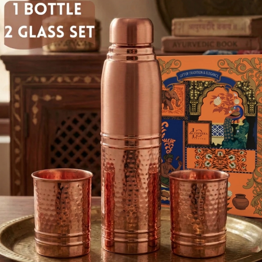 Ayursip Hammer Copper Bottle Set with 2 Glasses