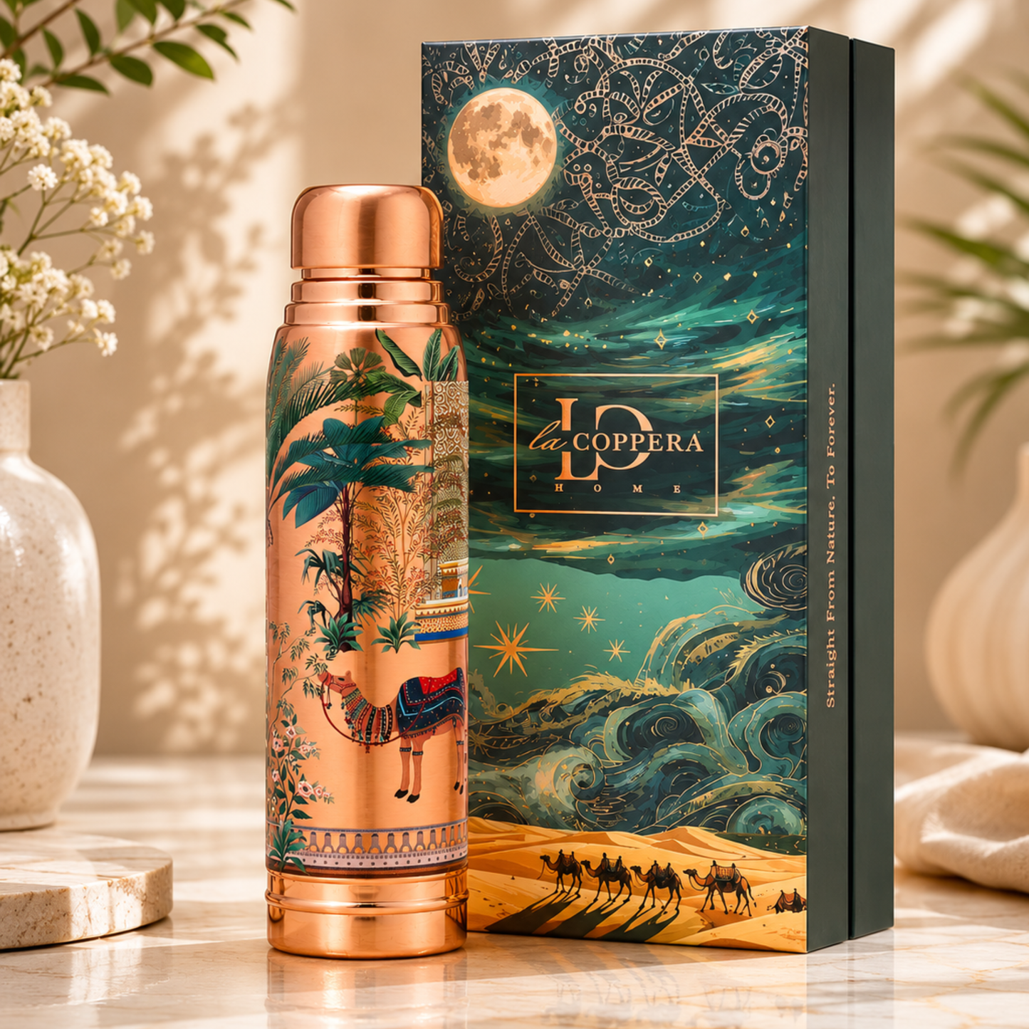 Ayursip Artwork Pure Copper Bottle 1000ml | Designer Ayurvedic Bottle