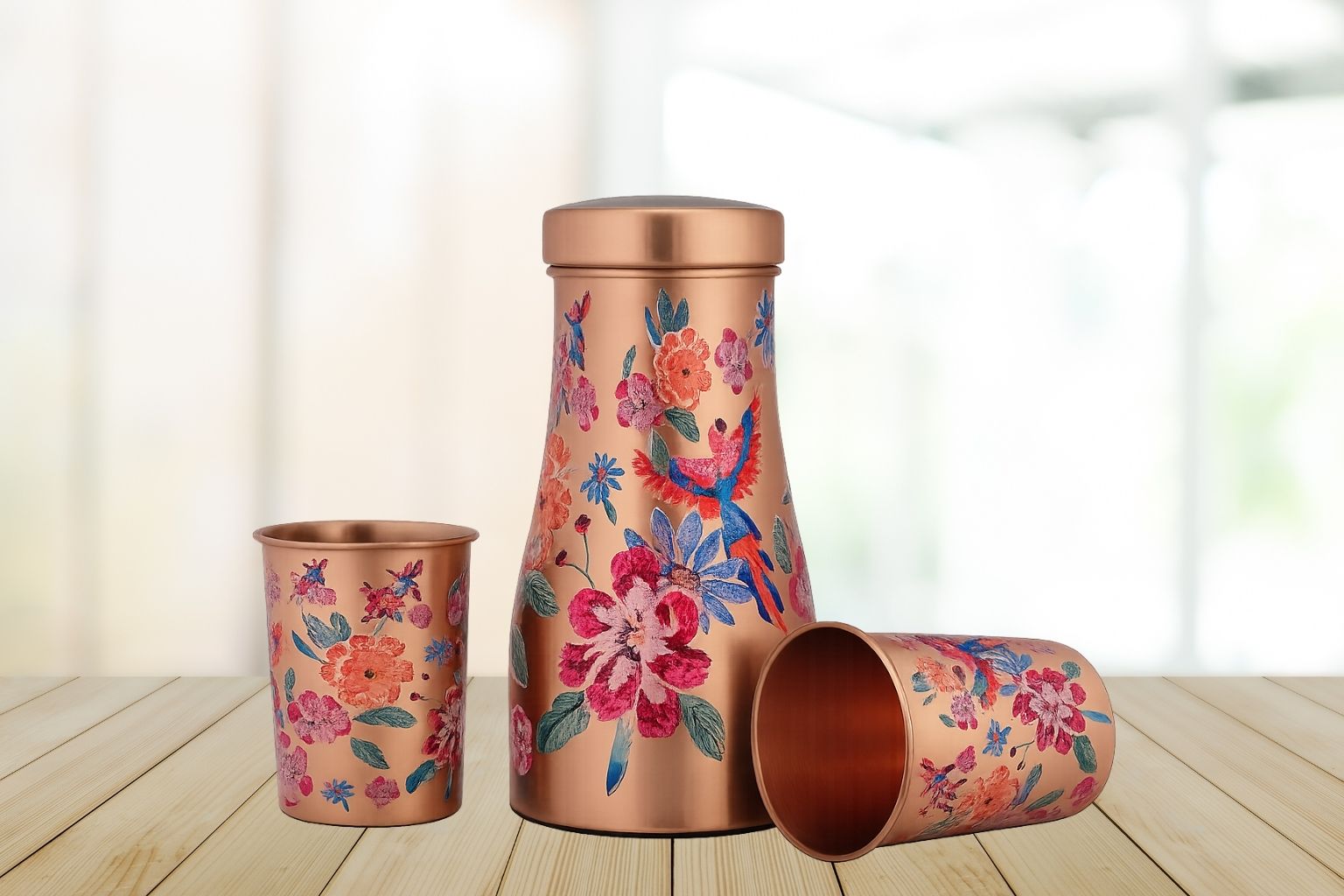 Jungle Whispers floral copper bedside carafe set with matching tumbler