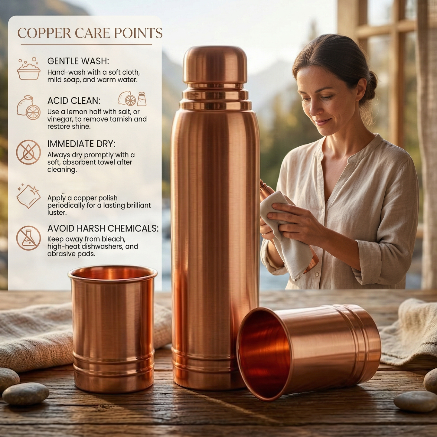 Ayursip Copper Bottle & Glass Set | 99% Pure Ayurvedic Drinkware