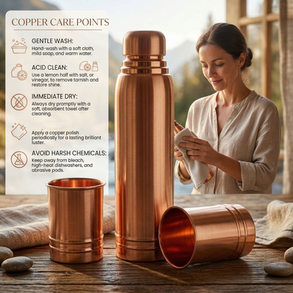 Ayursip Copper Bottle & Glass Set | 99% Pure Ayurvedic Drinkware