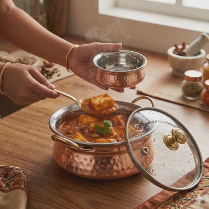 Serving Handi with Glass Lid – Copper Serving Pot with Steel Lid & Brass Knob